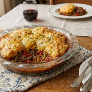 Ropa Vieja Cuban Stew Pot Pie with cheddar biscuit topping