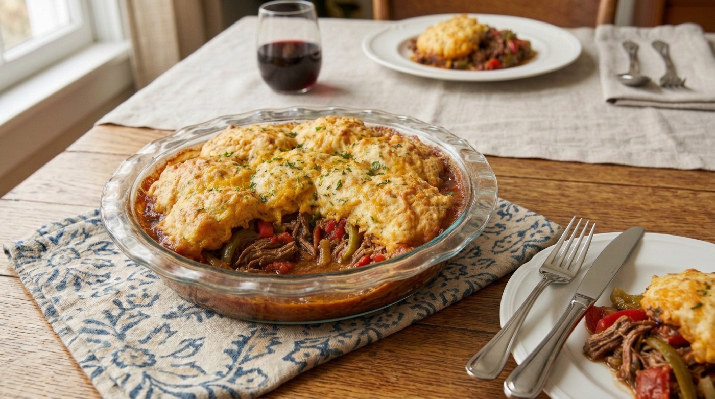 Ropa Vieja Cuban Stew Pot Pie with cheddar biscuit topping